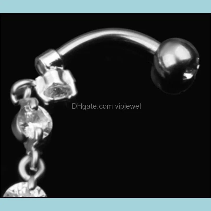 Stainless Steel Zircon Long Dangle Round Rhinestone Navel Belly Ring Button Bar Barbell Rings Piercing Reverse Jewelry 681 T2