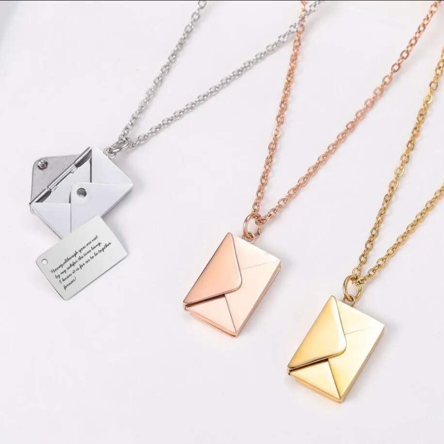 Custom Letters Tainless Steel Envelope Pendant Necklace with Love you card inside gold rosegold steel color Gift Valentine's day