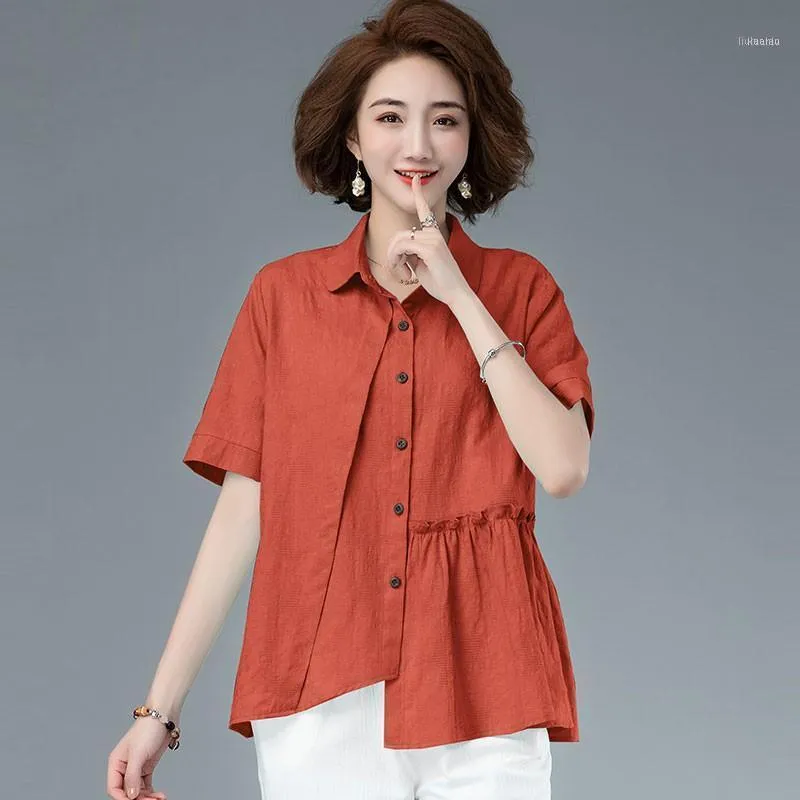Dames blouses overhemden plus size vrouwen katoen linnen casual collectie 2022 zomer eenvoudige stijl turn-down kraag vrouwelijke korte mouw tops S377
