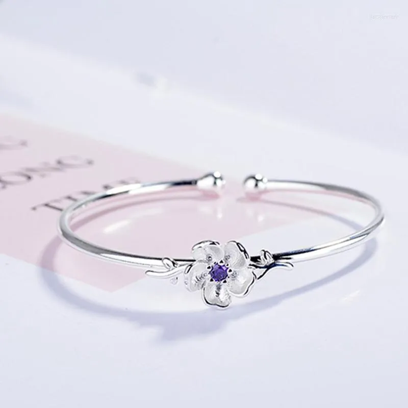 Charmarmband Silve Plated Design Pink Purple Crystal Flower Cherry Blossom Justerbar Bangle for Women SweetCharm Lars22