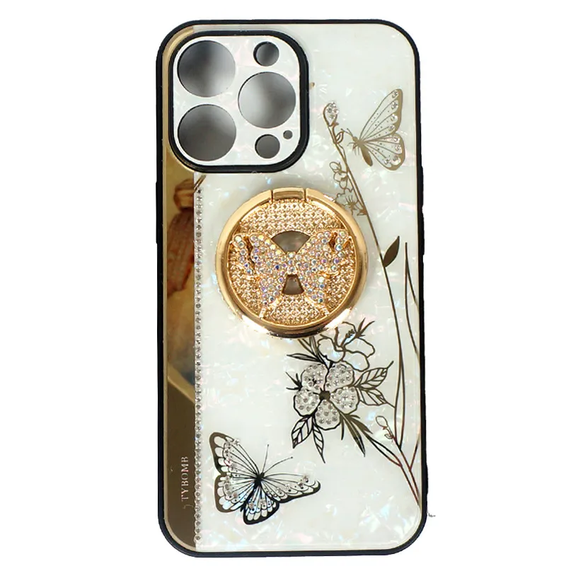 Designer Luxury 3D Butterfly Cases Diamond Glass Hard Phone Case för iPhone 13 11 12 Pro Max 7 8Plus X SE Protector Holder Cover
