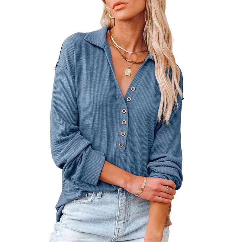 Autumn Winter Henley Shirts Women Casual V Neck Long Sleeve Button Down Ribbed Knit Tops Solid Vintage Loose Pullover Shirt 220321