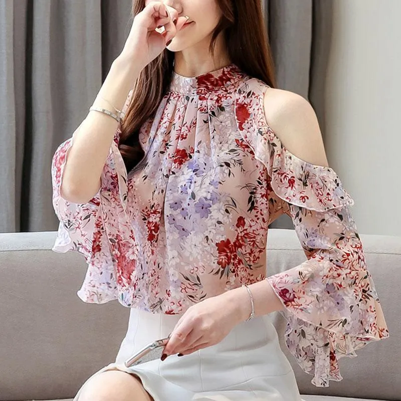 Floral Chiffon Blouse for Women: Elegant Ruffle Butterfly