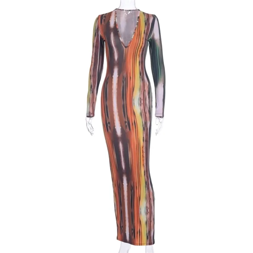 Hugcitar lange mouw kleurrijke print vneck bodycon lange jurk lente dames nieuwe mode streetwear party elegante outfits 201008