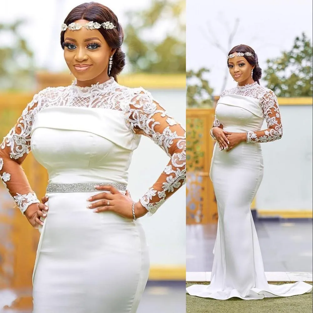 Plus Size African Arabic Aso Ebi Mermaid Wedding Dresses Long Sleeves Lace Appliques Belt Sashes Bridal Dress Vintage High Neck Illusion Bridal Gowns