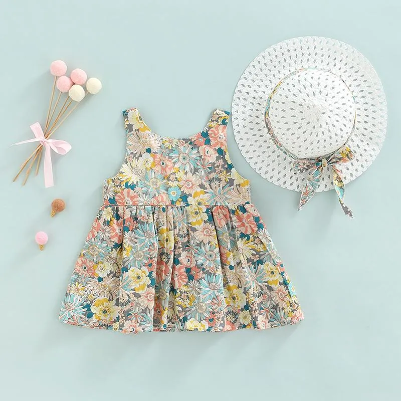 Girl's Dresses Cute Girls Dress With Bucket Hat Floral Print Sleeveless Big Hem Skirt Bow Knot Decor Fashion Summer A-Line DressesGirl's