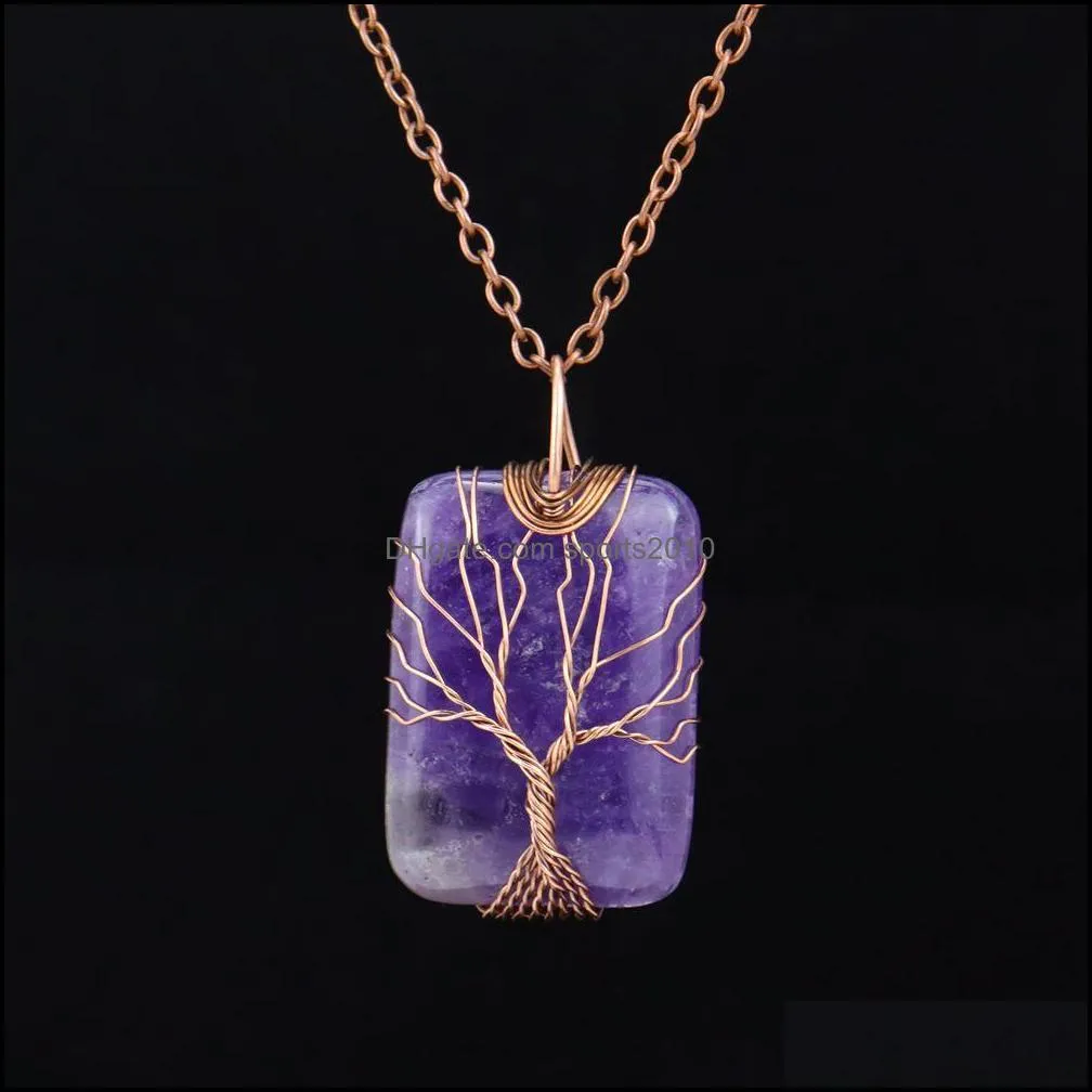 healing crystal natural stone rectangle charms necklaces twine tree of life wire wrap pendant turquoise tiger eye rose quartz wholesale jewelry