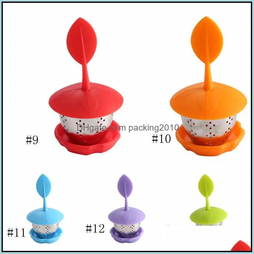 Tea Strainer 7 Colors Silicone Infuser Reusable Tea Strainer Sweet Leaf With Drop Tray Novelty Ball Filter Tea Tool EEA849