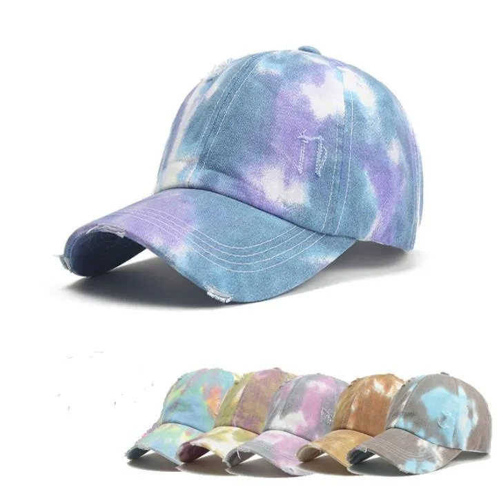 Ponytail Baseball Caps Washed Hat Summer Trucker Pony Visor Cap Cross Criss Tie dyed Party Hats 7styles SN6266