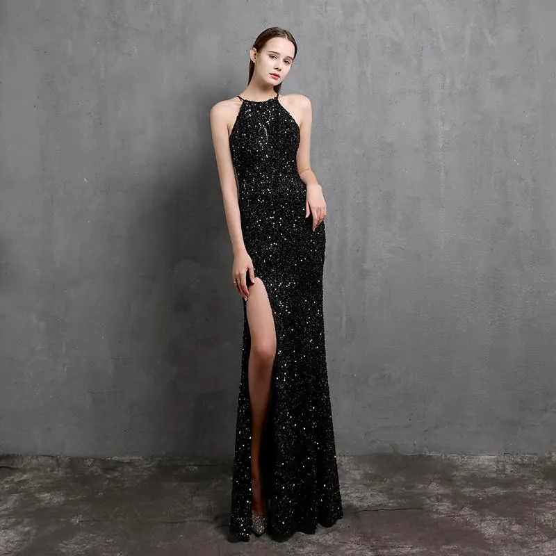 Party Dresses Classical Black Sequined Mermaid Evening Women Wear Sleeveless Long Side Split Prom Gowns Sexy Bridesmaid DressParty