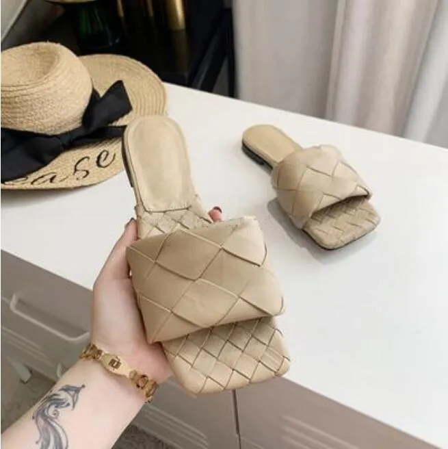 Multicolors Woven Slippers Sliders Womens Summer Sandals Leather Slipper Flat Flip Flops Square Toe Stiletto Sandals Cloud Chaussures Shoes