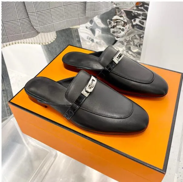 Designer Slipper Genuine Leather Mules Sandals Metal Chain Shoe Luxury Women Loafers Crocodile Skin Lady Slipper Size34-42