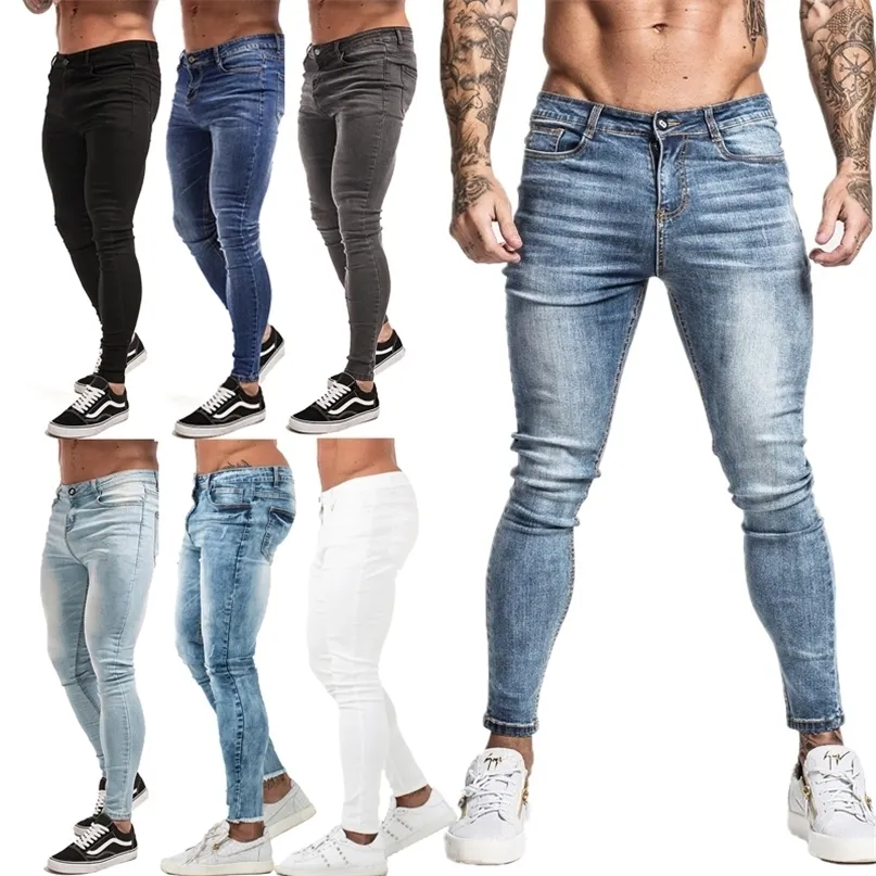 Gingtto jeans homens cintura elástica trecho magro as calças rasgadas s denim azul 220328