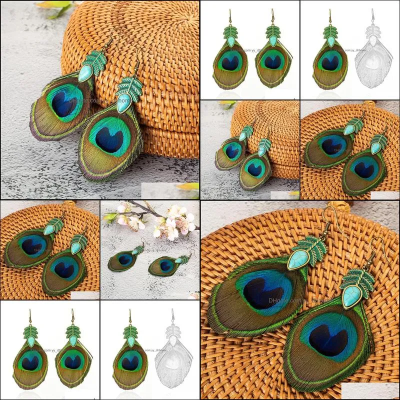 Ethnic Retro Leaves Green Leaf Dangle Earrings Nature Stone Long Tassel Peacock Feather Earring For Women Brincos