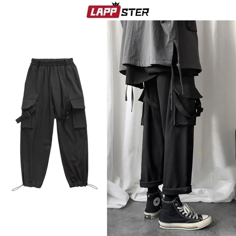 Lappster mannen hiphop joggers vrachtheren zwart los zweet mannelijke streetwear overalls punk harem broek 201110