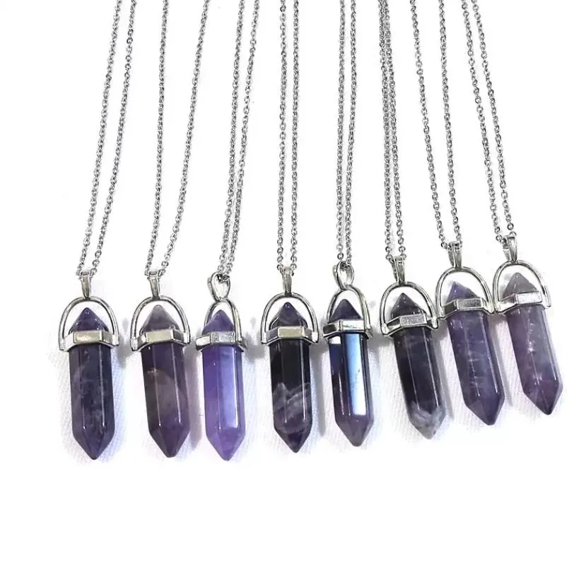 reiki healing jewelry amethyst natural stone pendant hexagonal bullet amethysts quartz crystal pendulum chakra stainless yydhhome