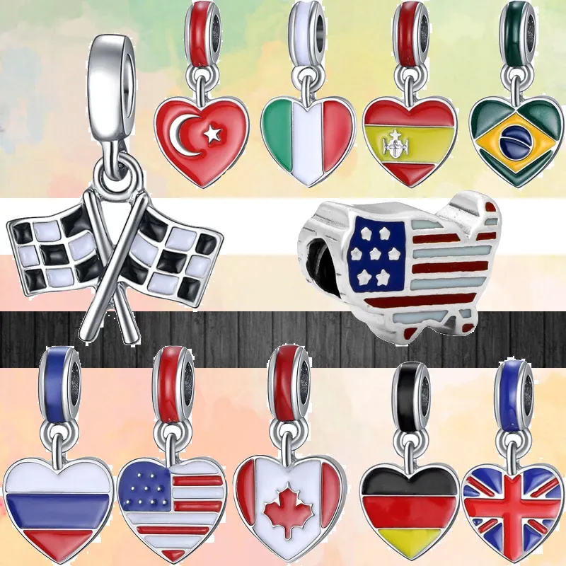 Fit Pandora Charms 925 Armband Bead Original Box Mode bunte Flagge von Italien Spanien Kanada Brasilien europäischen Charme Schmuck