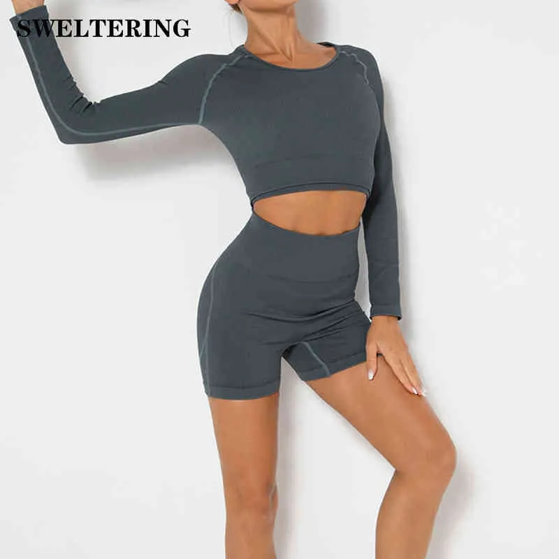매끄러운 요가 세트 PCS 여성 긴 슬리브 크롭 레깅스 스포츠 우트 운동 복장 의류 체육관 착용 스포츠 세트 스포츠웨어 J220706