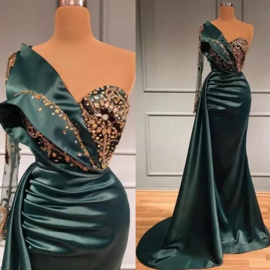 Elegant Green One Shoulder Mermaid Evening Pageant dark Green Prom dress with Crystal Beading and Long Sleeves - Custom Made Dubai Aso Ebi Formal Prom