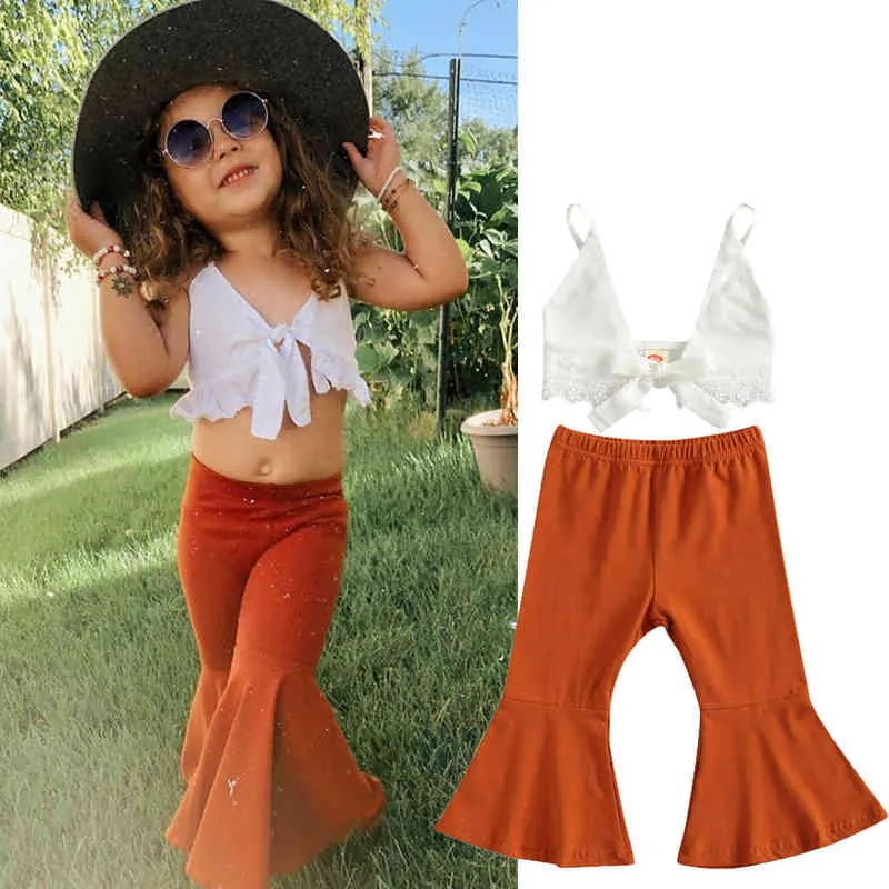 Citgeett Summer Kids Baby Girl Conjunto de color sólido Correas Crop Tops y pantalones largos sueltos Trajes de 2 piezas Conjunto Ropa J220711