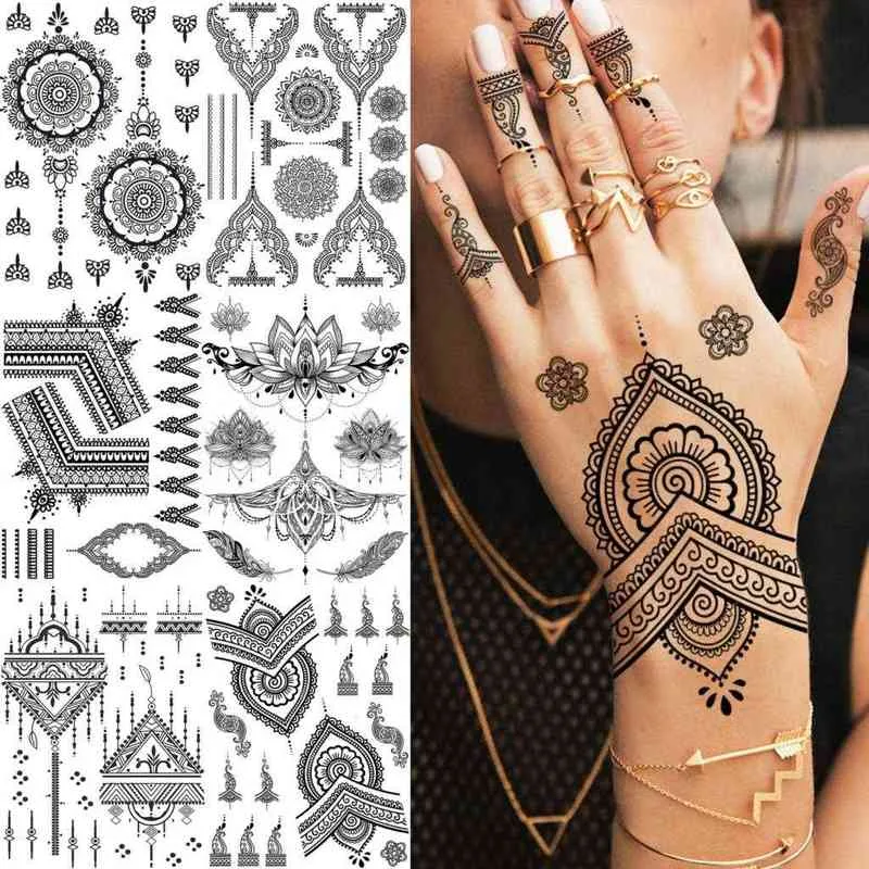 NXY Temporäre Tattoo Rejaski Schwarz Henna Spitze Tattoos Aufkleber für Frauen Schmetterling Mehndi Blume Fake Tatoo Feder Flora 0330