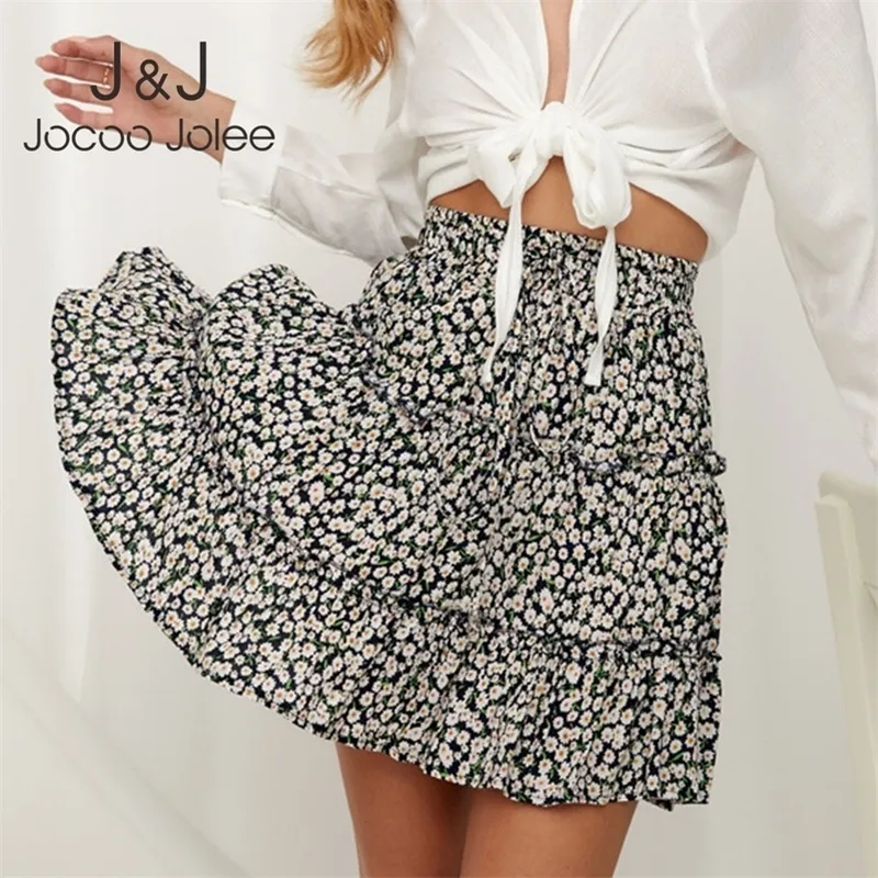 Jocoo Jolee Женщины летняя цветочная складная печать мини -юбка элегантная высокая талия короткие пляжные каникулы. Случайная юбка Boho Cotton 2xl 210306