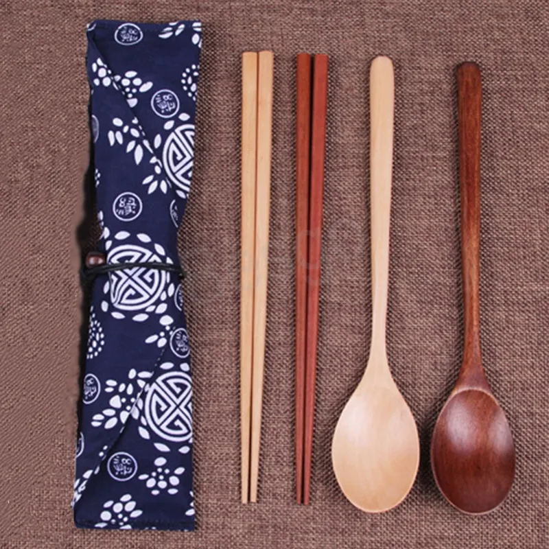 Wooden Spoon Chopsticks Set Hotel Non-slip Public Chopstick Soup Rice Spoon Cake Spoons Portable Travel Tableware Storage Bag BH6625 WLY