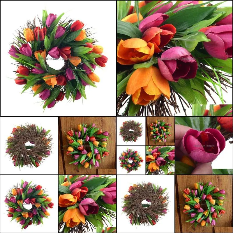 Decorative Flowers & Wreaths 35cm Spring Artificial Tulip Front Door Wreath Home Window Wall Hanging Party Decoration Mothers Day