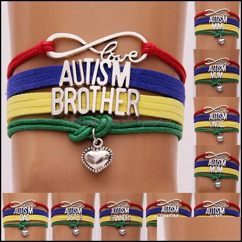 Bracelets de charme jóias autismo infinito amor pulseira de coração artesanal letras