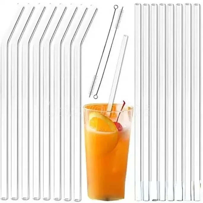 Clear Glass Straw 200*8mm Reusable Straight Bent Glass Drinking Straws with Brush Eco Friendly Glass for Smoothies Cocktails FY5155 B0424