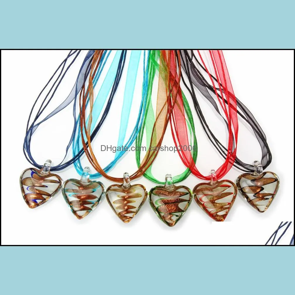 fashion wholesale 6pcs necklaces handmade murano lampwork glass mixed color heart gold dust pendants silk cords necklace