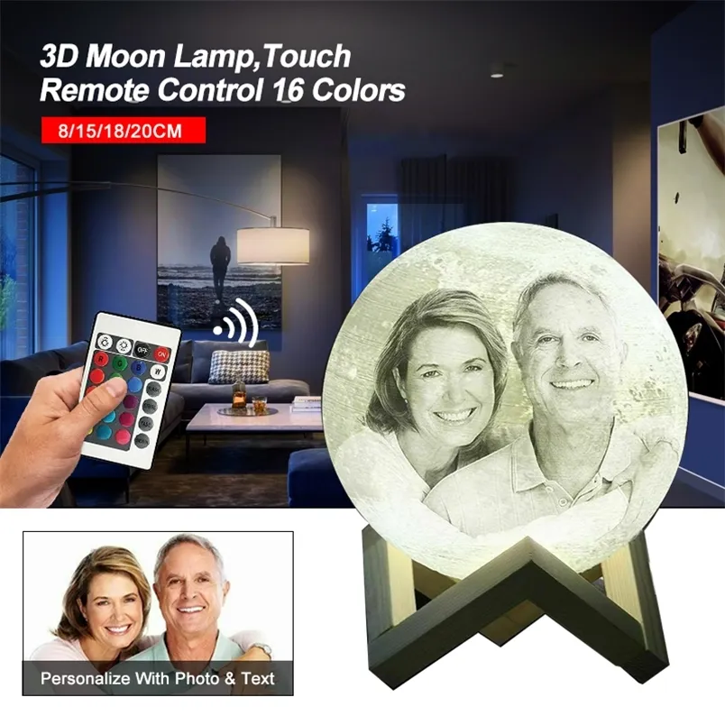 Personnalisé Po 3D Imprimé Lune Veilleuse Lampe Personnalisé USB Charge 16 Couleur Veilleuse Cadeau Créatif avec Votre Texte Po 220623