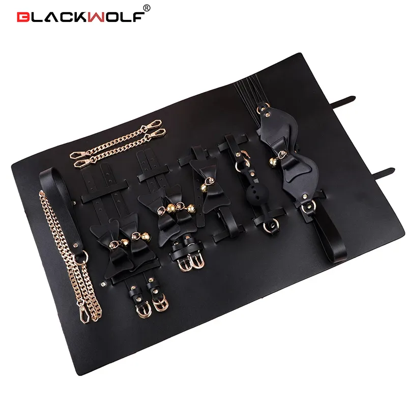 BLACKWOLF Kit BDSM in pelle di lusso SM Bed Bondage Storage Bag Set Manette Collare Bavaglio Giocattoli erotici erotici per adulti per coppie di donne