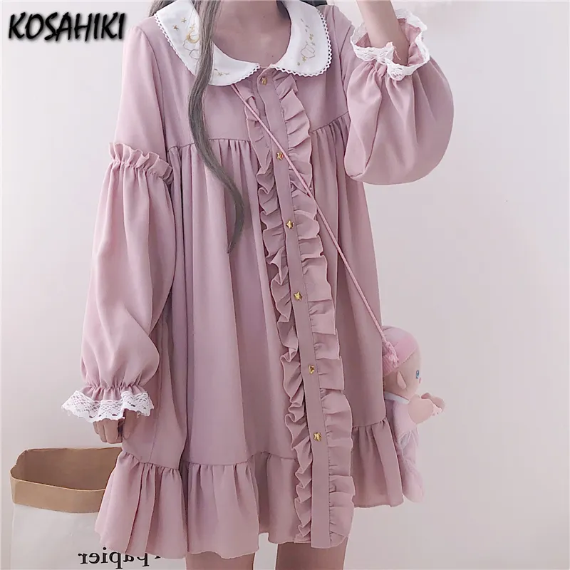 KOSAHIKI été robe mignonne femmes Harajuku rose dames à volants dentelle Patch Kawaii robes Lolita Cosplay doux robes amples 220418