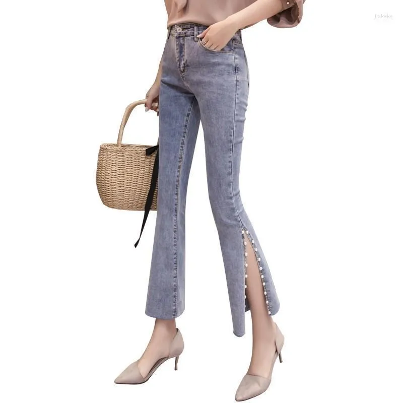 Skinny Jeans Women 2022 Flare Pants Pearl Beaded Denim Mujer Spirng Summer Mid midja Casual Vintage L2838