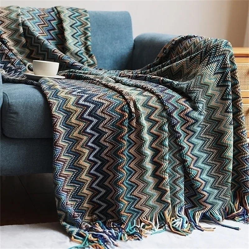 Boho Throw Cozy Sticked Tassel Bohemian randig texturerad dekorativ filt för soffbäddssoffa utomhusresor 220524