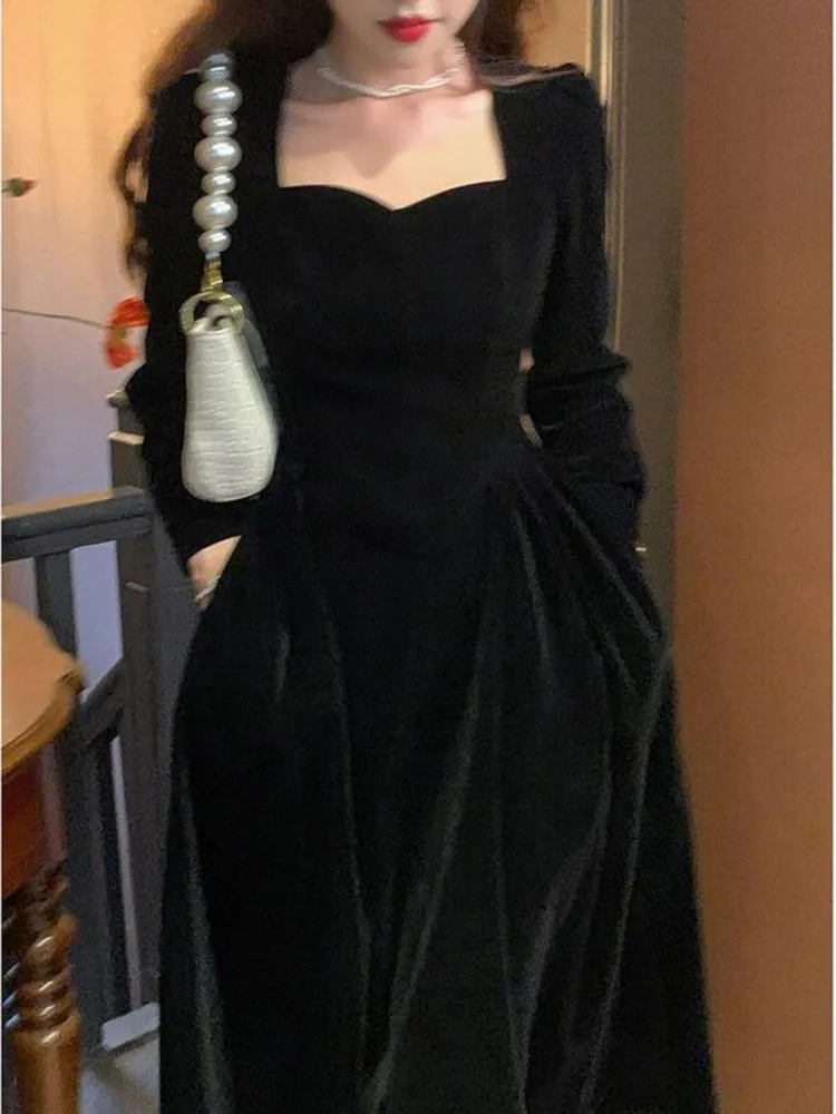 Vintage Korean Style Midi Square Neck Midi Dress for Women - Elegant Solid Retro Style for Autumn/Winter Evening Parties and Fairy Lights (220406)