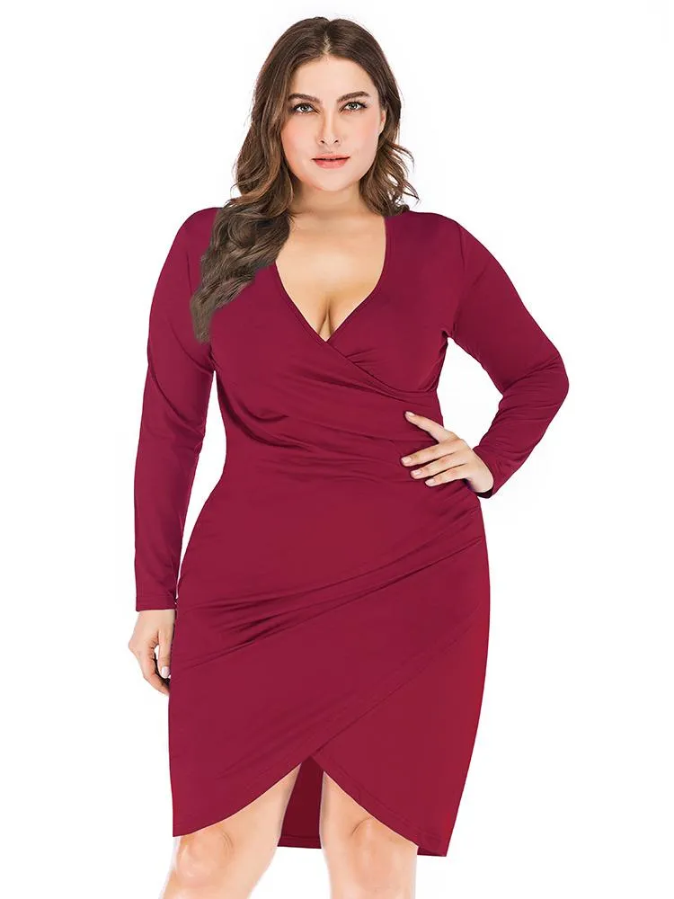 Plus size jurken vrouwen herfst v nek lange mouw sexy jurk voor dames slanke fit elegante hoge taille heupen jurkenplus