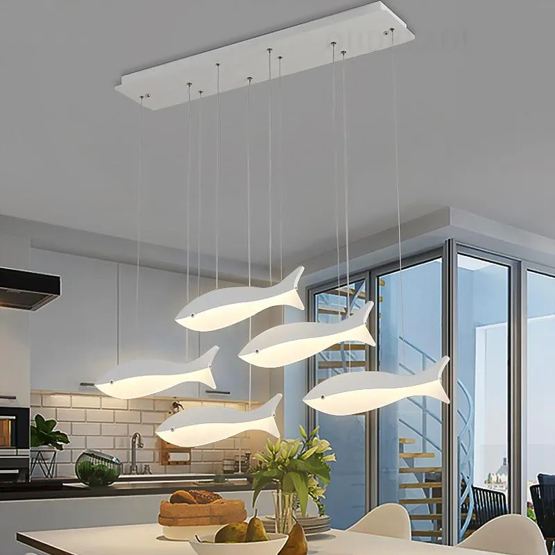 Lampade a sospensione Lampadario moderno a LED per soggiorno, sala da pranzo, cucina, lampada domestica, lampada a sospensione a soffitto a forma di pesce in acrilico bianco