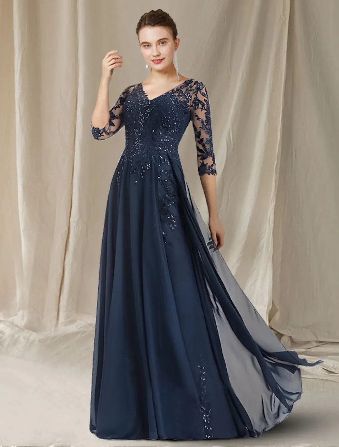 Dark Navy A-Line Mère de la robe de mariée élégante col en V longueur de plancher en mousseline de soie dentelle pailletée demi manches Avondjurken robes de soirée Robe De Soriee