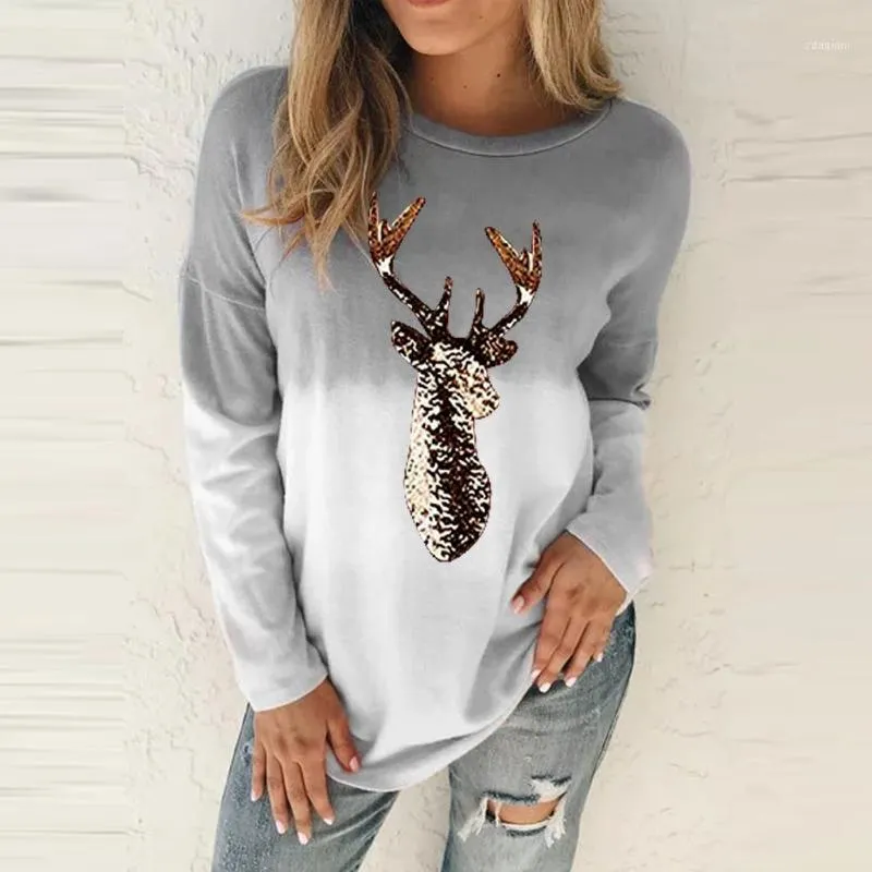 Fashion Christmas Elk Print Blouse Tie Dry Plus Size Casual Winter Ladies O-Neck Tops Women Long Sleeve Shirt Blusas Pullover Women's