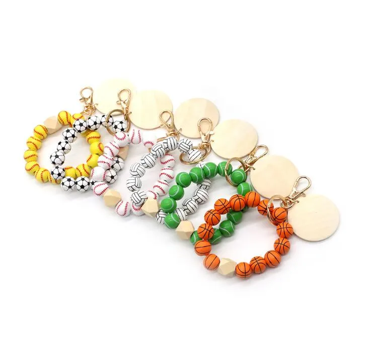 Design à la mode Disque Bracelet Porte-clés En Bois Perlé Softball Baseball Imprimer Sport Bracelet Porte-clés 6 couleurs En Gros