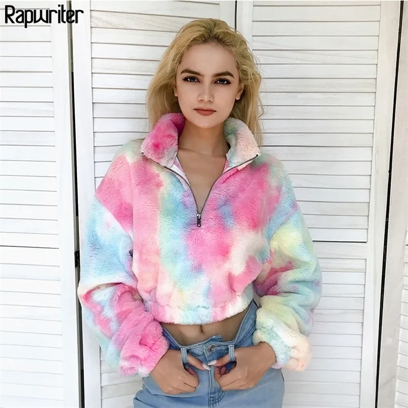 Rapwriter Streetwear Tie Dye Turtelneck Sweat-shirt à glissière Femmes Harajuku Manches longues Casual Pull coloré Crop Tops T200525