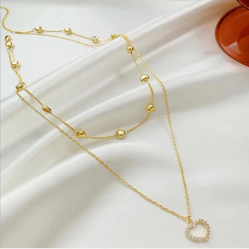 Chains E PIEDI 2022 Gold Double Layer Heart Necklace Zircon For Women Clavicle Chain Elegant Charm Wedding Pendant JewelryChains