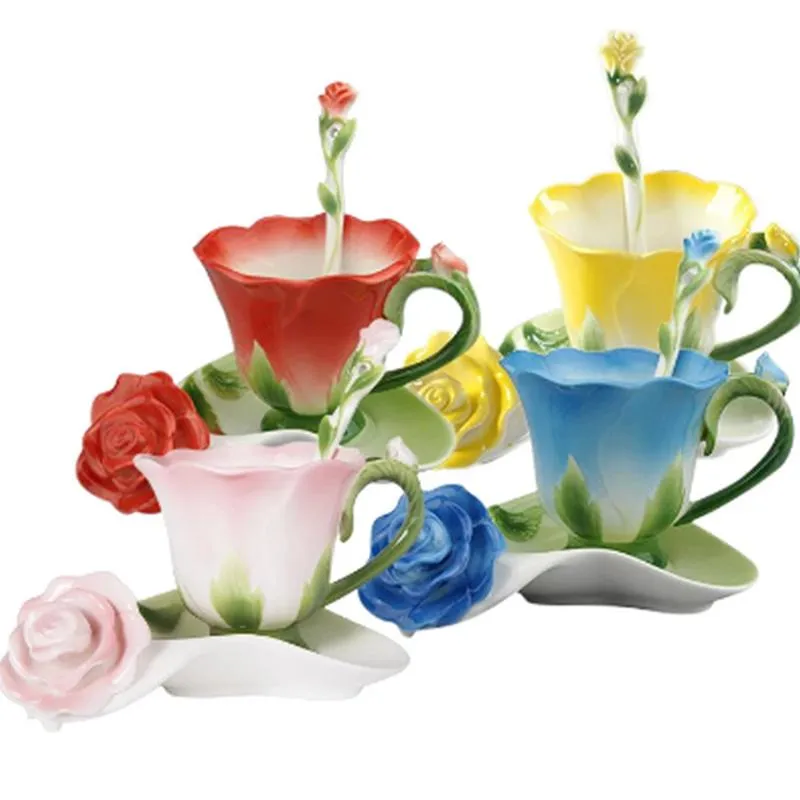 Muggar rosform blommor emalj keramisk kaffe te kopp och fatsked högkvalitativ porslin kreativ valentin gåva NJ71004 mugs