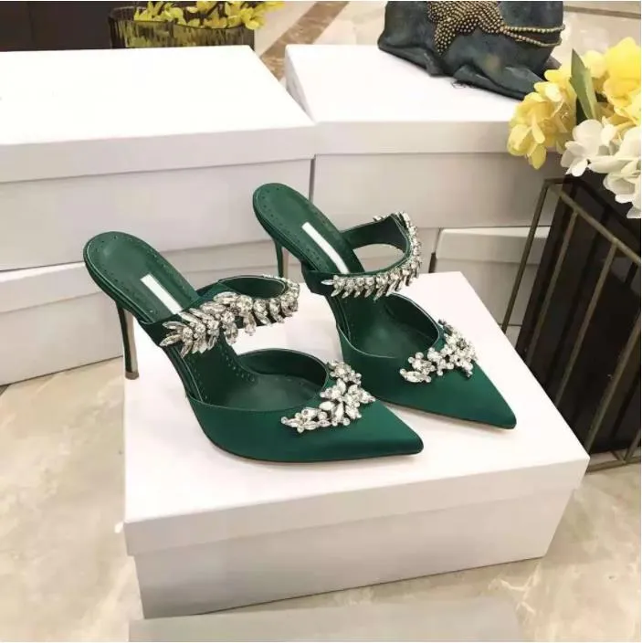 5A Women Fashion High Heel Dress Shoes Green Pink Satin Crystal Embellished Mules Wedding Party 90mm Heel