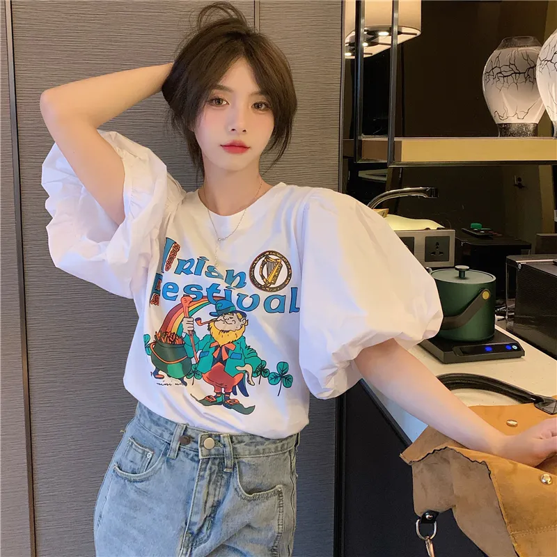 Maglietta da donna T-shirt in cotone a maniche corte a bolle T-shirt grafica allentata femminile Magliette estive Camicia Harajuku Abbigliamento Femme Fashion Lady