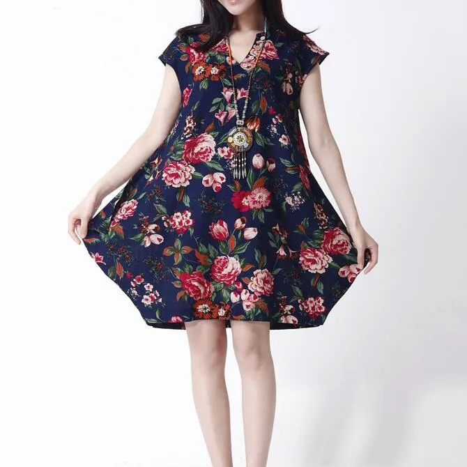 새로운 여름 여성 패션 스타일 느슨한 드레스 v- 넥 짧은 소매 꽃 인쇄 버튼면 린넨 캐주얼 드레스 숙녀 해군