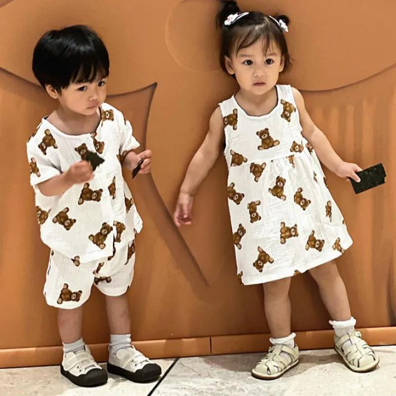 Clothing Sets Children Short-sleeved T-shirt Summer Boys Girls Bear Print Skirt Infant Cotton Cardigan+shorts Clothes Set