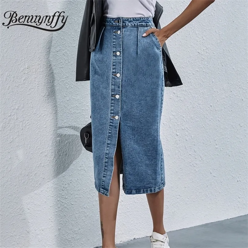 Benuynffy Single Breasted Knee Length Denim Skirt Women Streetwear Casual Pocket High Waist Straight Jeans 220317